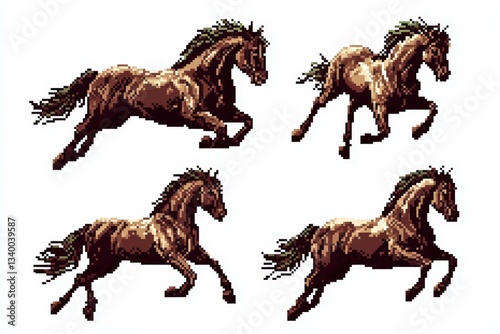 A retro 8-bit pixel art horse in front and side views, depicted in a galloping pose, isolated on a white background for classic gaming aesthetics.  .