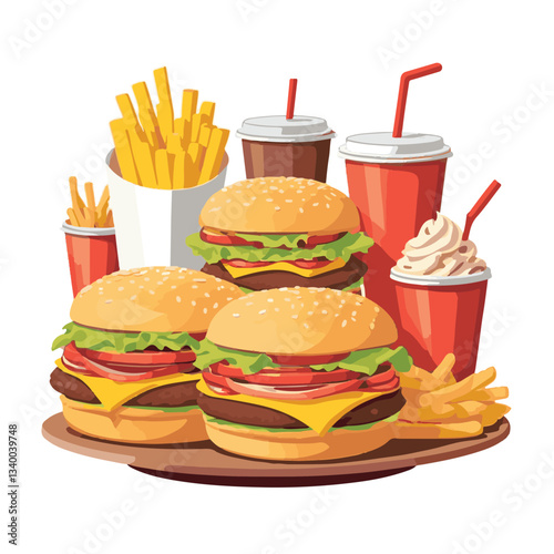 food, meal, restaurant, fast, burger, snack, dinner, hamburger, meat, isolated, lunch, menu, tasty, cheeseburger, fast food, delicious, fastfood, sandwich, set, drink, unhealthy, vector, pizza, eat, b