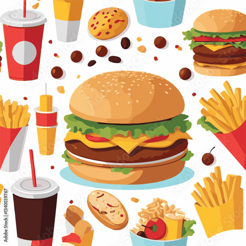food, meal, restaurant, fast, burger, snack, dinner, hamburger, meat, isolated, lunch, menu, tasty, cheeseburger, fast food, delicious, fastfood, sandwich, set, drink, unhealthy, vector, pizza, eat, b