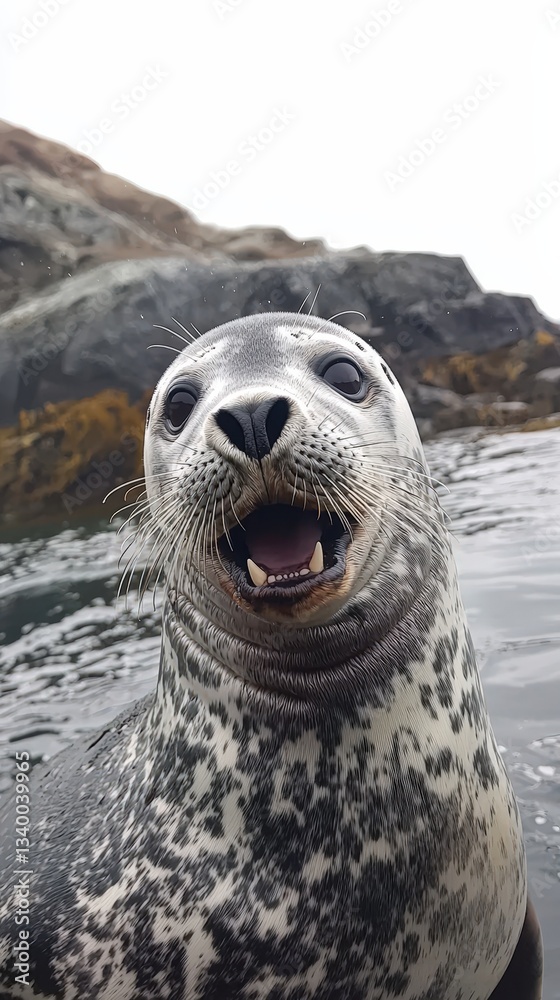 Obraz premium A seal in its natural habitat in Greenland, representing Arctic fauna, surrounded by icy waters and the harsh yet stunning polar environment. .