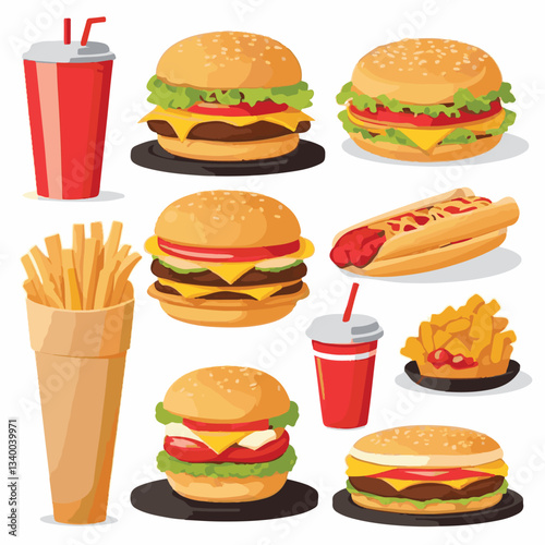 food, meal, restaurant, fast, burger, snack, dinner, hamburger, meat, isolated, lunch, menu, tasty, cheeseburger, fast food, delicious, fastfood, sandwich, set, drink, unhealthy, vector, pizza, eat, b