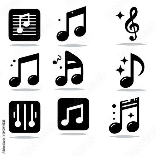 "A vibrant collection of nine musical icons featuring elements like a treble clef, single and paired notes, a compact disc, a keyboard synthesizer, a piano keyboard, an organ, and more. 