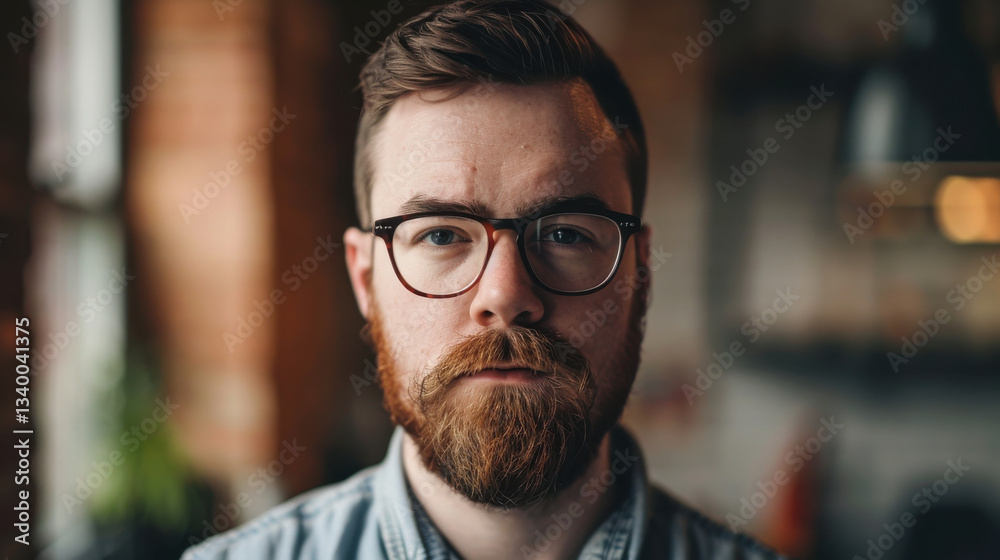 focused man with glasses and beard, showcasing serious expression in cozy indoor setting focused man with glasses and beard, showcasing serious expression in cozy indoor setting