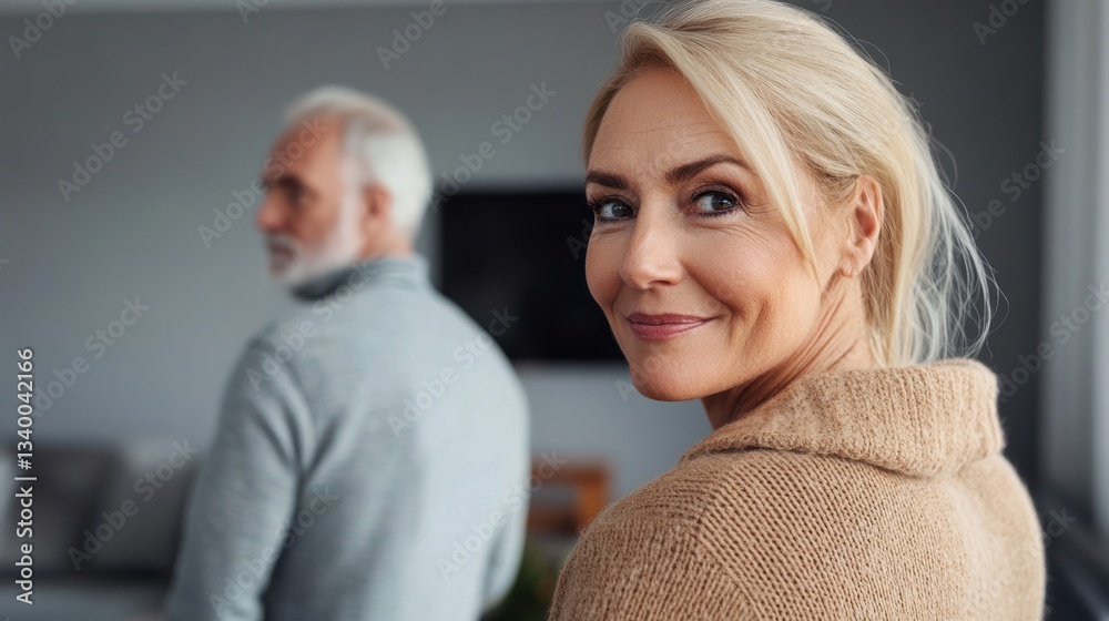 Blonde woman in beige sweater smiling in a modern living room with an older man in the background Blonde woman in beige sweater smiling in a modern living room with an older man in the background