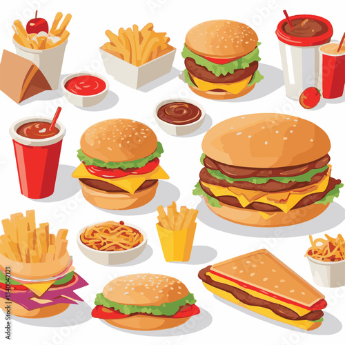 food, meal, restaurant, fast, burger, snack, dinner, hamburger, meat, isolated, lunch, menu, tasty, cheeseburger, fast food, delicious, fastfood, sandwich, set, drink, unhealthy, vector, pizza, eat, b