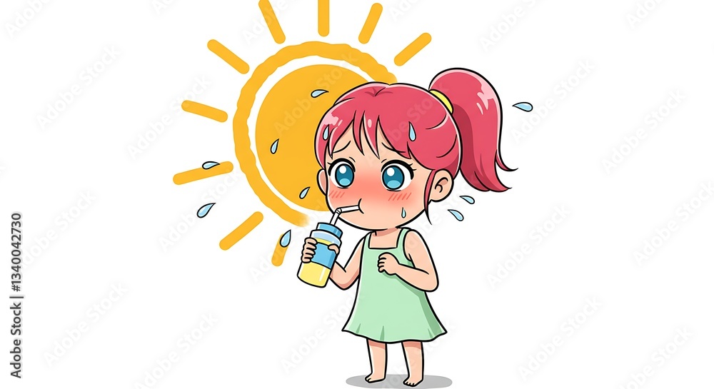 Cartoon Girl Drinking Juice to Cool Down From Summer Heat Cartoon Girl Drinking Juice to Cool Down From Summer Heat
