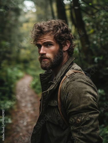 Close-up portrait of a man with a full beard, captured outdoors in a lush forest environment. The image features a shallow depth of field, emphasizing the man's face and upper body while blurring the