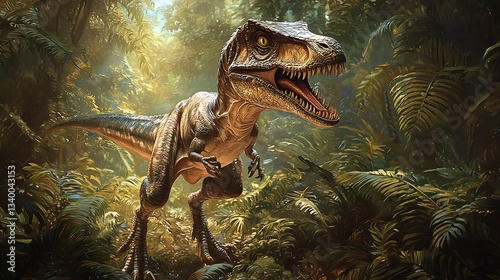 Digital painting of a velociraptor hunting in a dense jungle high realism