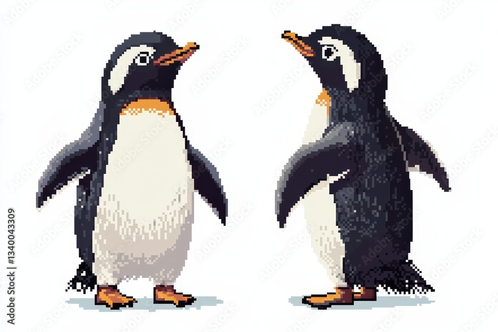 An isolated 8-bit pixel penguin character in two angles—front-facing waddling and side profile with flapping wings—designed in a nostalgic retro style on a white background. . An isolated 8-bit pixel penguin character in two angles—front-facing waddling and side profile with flapping wings—designed in a nostalgic retro style on a white background. .
