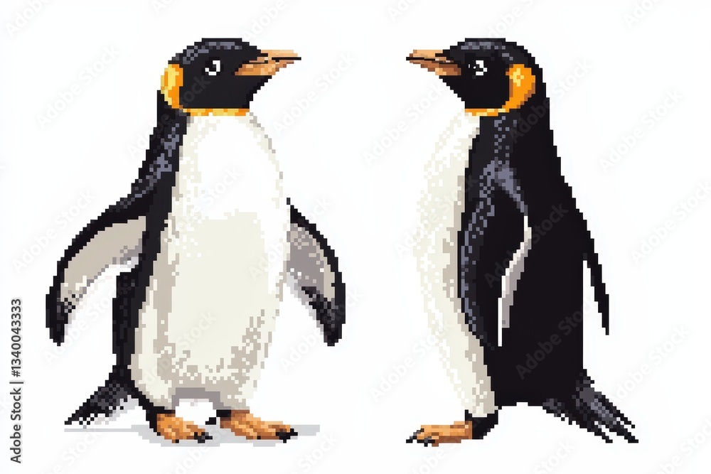 Fototapeta premium An isolated 8-bit pixel penguin character in two angles—front-facing waddling and side profile with flapping wings—designed in a nostalgic retro style on a white background. .