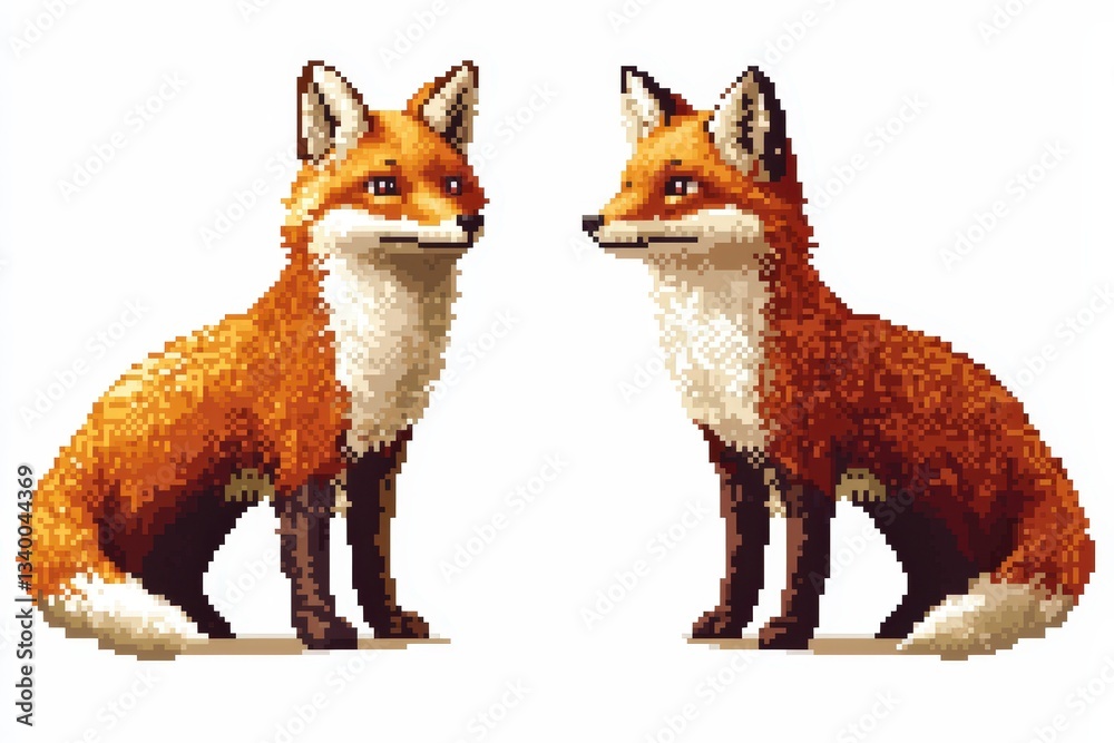 Fototapeta premium A pixelated 8-bit red fox depicted in two angles—front-facing and side view—featuring vibrant retro colors, isolated on a white background for nostalgic pixel art design. .