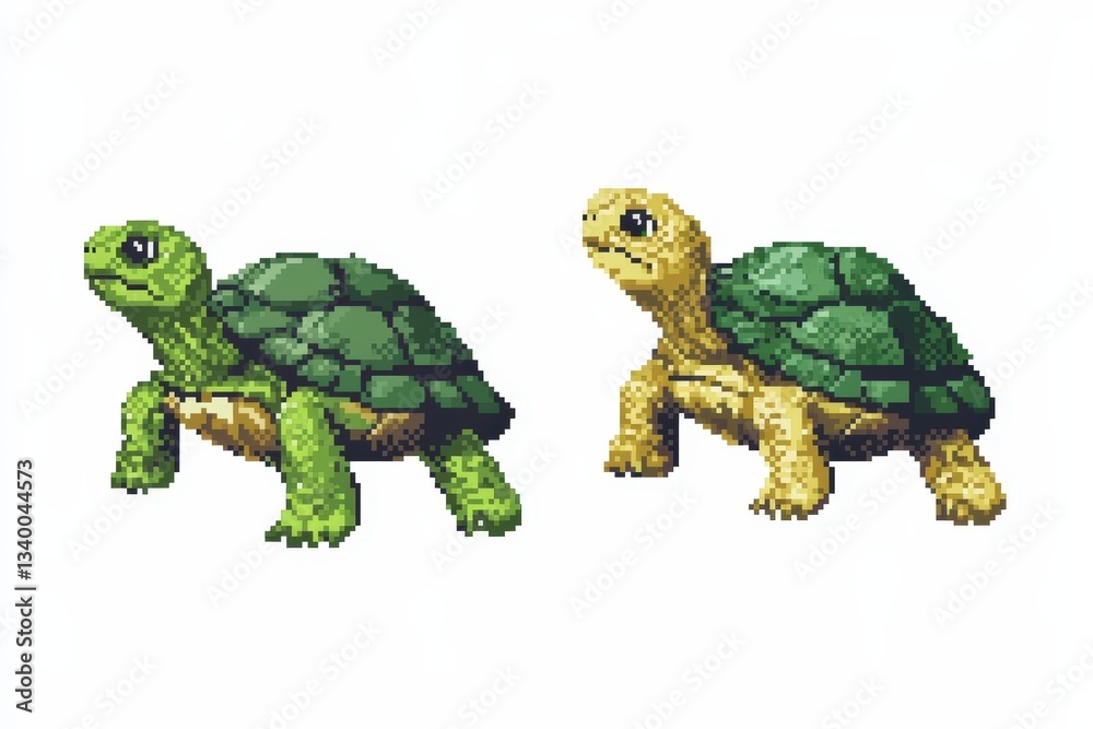 A retro-style 8-bit pixel turtle depicted in two angles—front-facing in a slow crawl and side view walking—isolated on a white background for a nostalgic gaming aesthetic. .