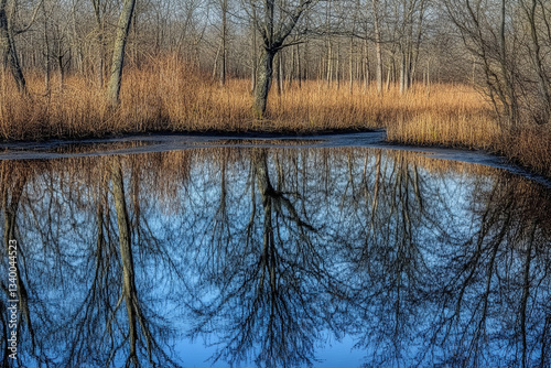 Serene Winter Reflection Of Bare Trees In A Still Pond, Showcasing The Tranquility Of Natures Mirror With Cool Blue Hues And Muted Golds