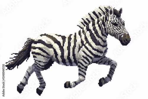 Obraz na płótnie A retro pixelated 8-bit zebra depicted in two angles—front-facing and side profile galloping—isolated on a white background in a vintage game-inspired design. . w salonie
