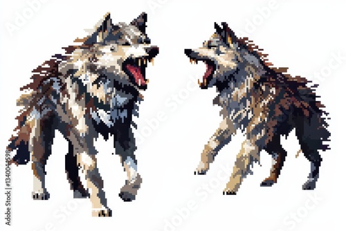 Obraz na płótnie A retro-style 8-bit pixel wolf depicted in two angles—front-facing howling and side profile running through the wild—isolated on a white background for a nostalgic gaming aesthetic. . w salonie