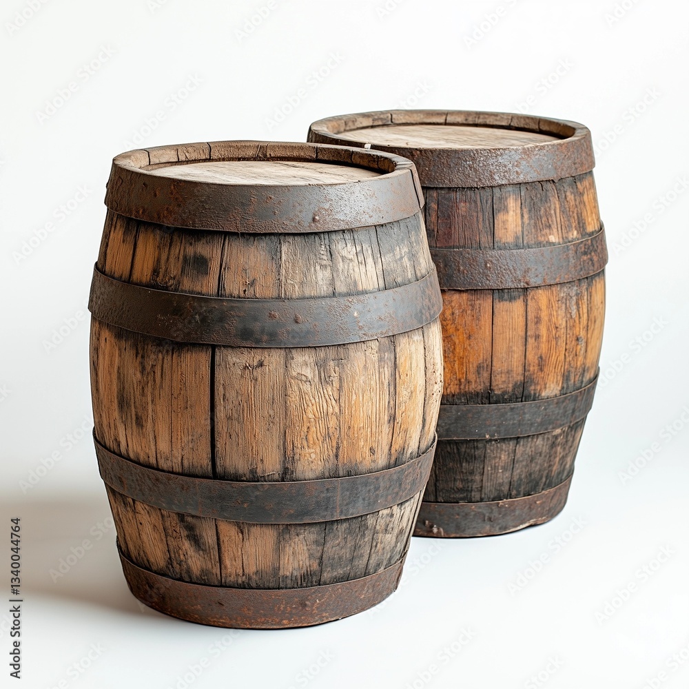 Fototapeta premium Two vintage wooden barrels are depicted against a neutral background. The barrels exhibit variations in wood tone, ranging from light to dark brown, indicative of age and weathering. The wood grain