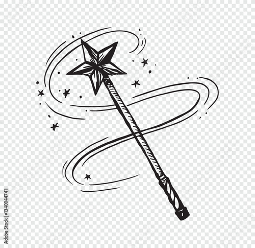 Hand Drawn magic wand doodle. Sketch style icon.Isolated on transparent background.