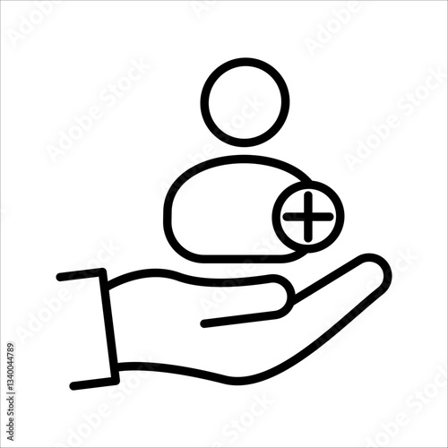 Hand holding person with plus Icon. Symbol isolated white background. vector illustration. color editable.