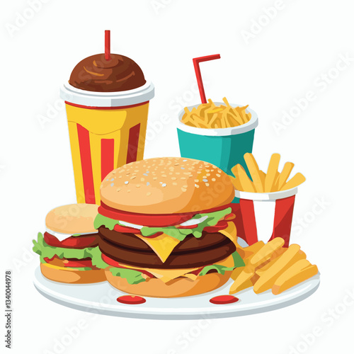 food, meal, restaurant, fast, burger, snack, dinner, hamburger, meat, isolated, lunch, menu, tasty, cheeseburger, fast food, delicious, fastfood, sandwich, set, drink, unhealthy, vector, pizza, eat, b