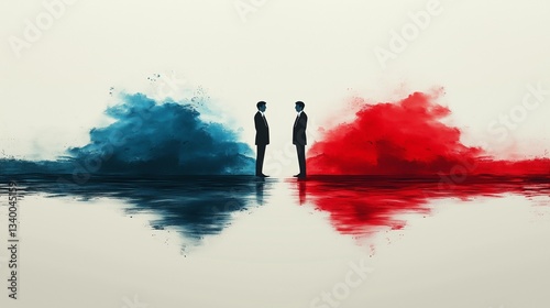 The image presents a minimalist illustration featuring two dark silhouettes of businessmen positioned centrally against a white background. They stand facing each other, seemingly separated by a
