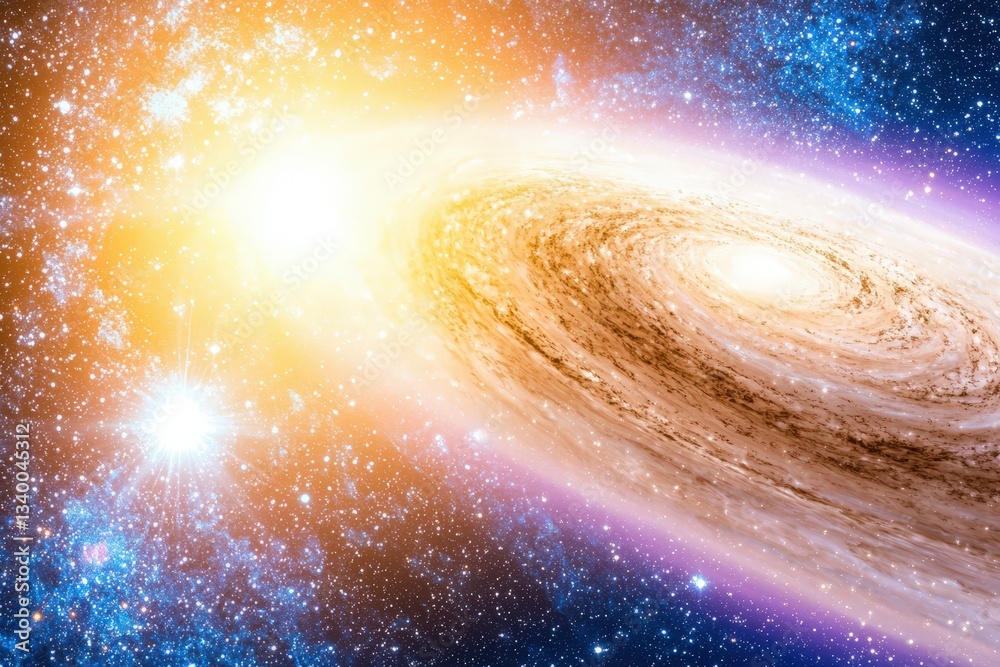 Swirling nebulas and galaxies collide in deep space, generating brilliant purple and blue energy waves, scattered stardust, and glowing celestial bodies. .
