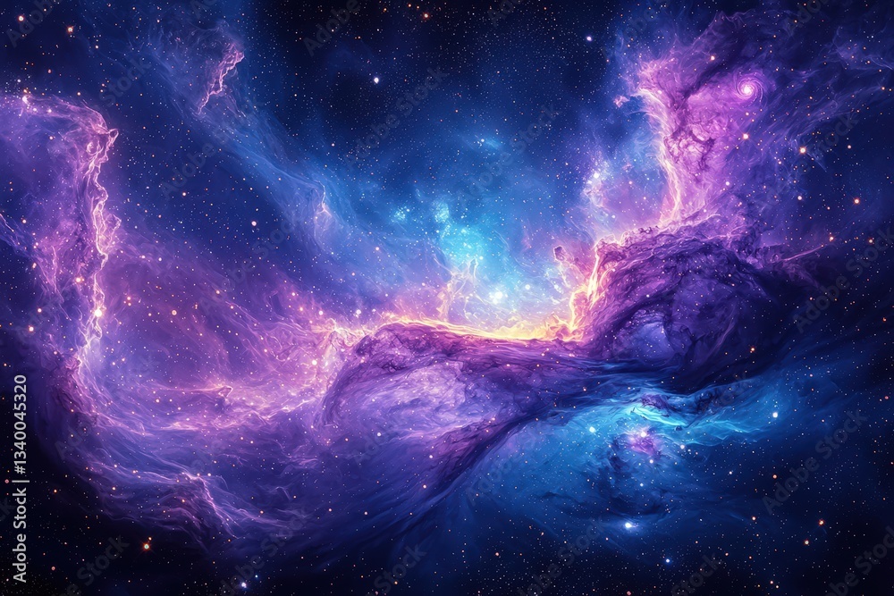 Swirling nebulas and galaxies collide in deep space, generating brilliant purple and blue energy waves, scattered stardust, and glowing celestial bodies. .