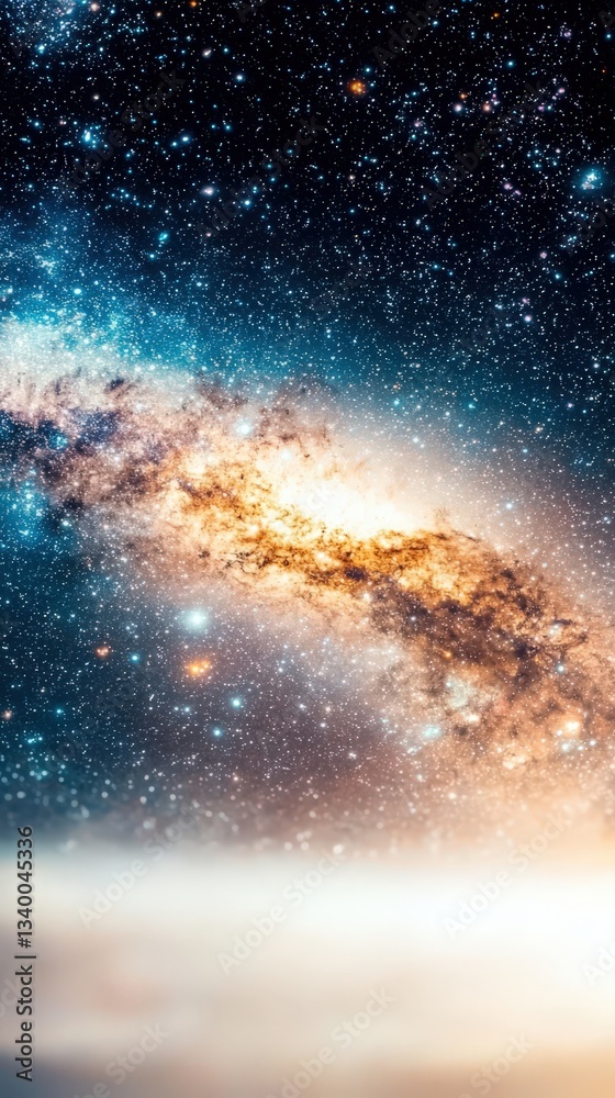 Swirling nebulas and galaxies collide in deep space, generating brilliant purple and blue energy waves, scattered stardust, and glowing celestial bodies. .