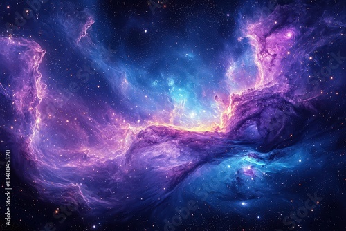 Obraz na płótnie Swirling nebulas and galaxies collide in deep space, generating brilliant purple and blue energy waves, scattered stardust, and glowing celestial bodies. . w salonie