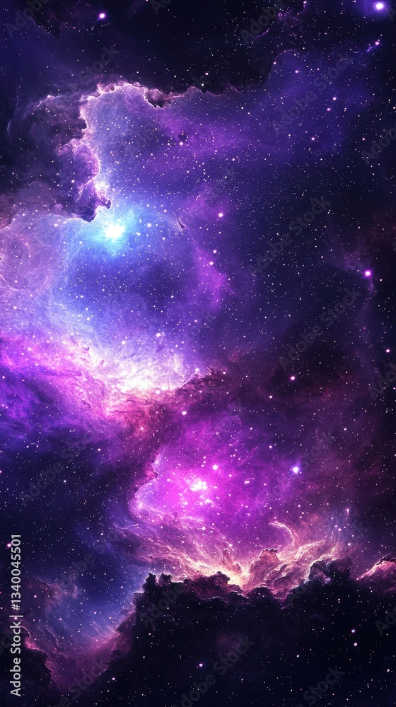 A stunning cosmic scene featuring a vibrant purple galaxy with twinkling stars and a colorful nebula, creating a breathtaking night sky perfect for space and astronomy themes. .
