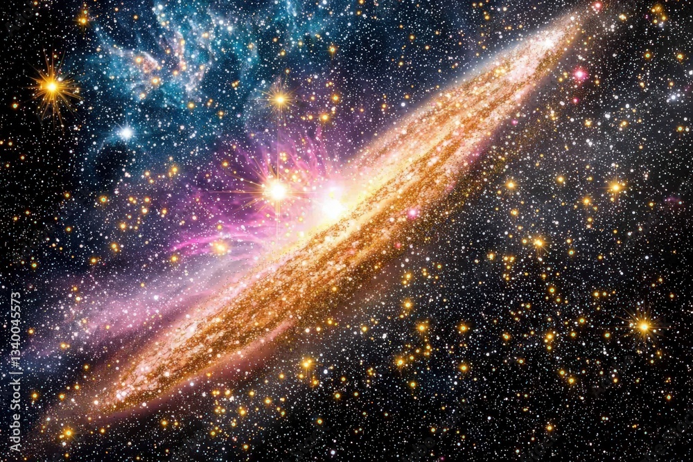 A stunning cosmic scene featuring a vibrant purple galaxy with twinkling stars and a colorful nebula, creating a breathtaking night sky perfect for space and astronomy themes. .