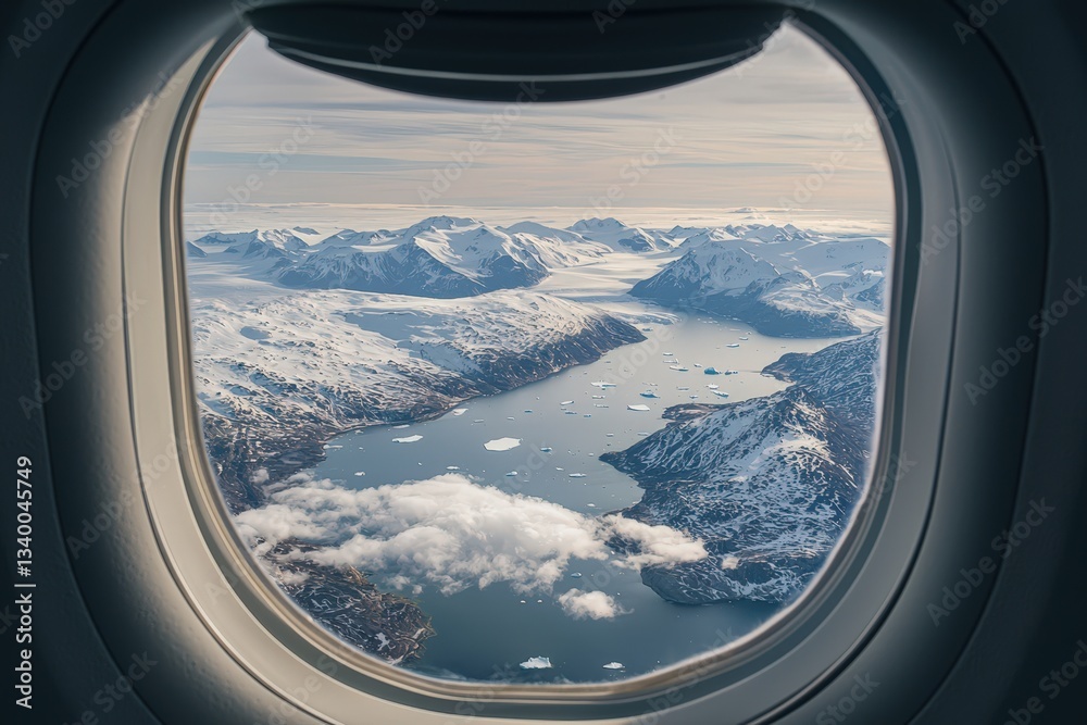 Fototapeta premium A breathtaking aerial view of Greenland’s icy landscape, seen from an airplane window, showcasing vast glaciers, snow-covered terrain, and deep blue waters. .