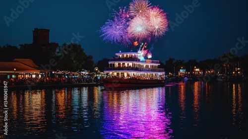 Fireworks show over riverboat, night city celebration