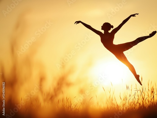 A Graceful Ballerina Silhouetted Against a Stunning Sunset Leaping Through a Sunlit Meadow Embodying Elegance and Freedom in Motion Perfectly Captured