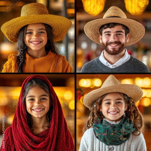 Diverse family portrait smiling together in stylish straw hats and warm scarves, celebrating the holiday season with warmth and joy, captu togetherness and love photo