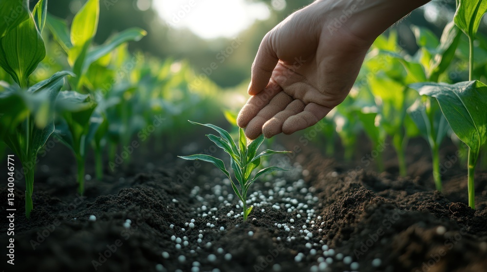 Fototapeta premium A Hand Gently Nurturing Young Corn Plants, Fertilizer Granules Carefully Placed Around Each Sprout, Ensuring Healthy Growth in a Lush Field