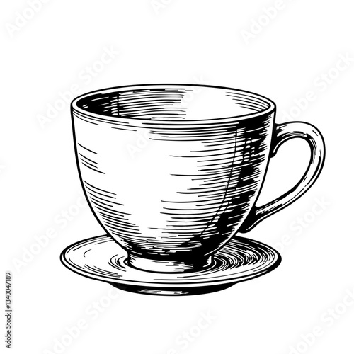 Vintage Sketch of a Cup and Saucer in Black and White  