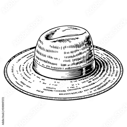 Vintage Straw Hat Sketch in Black and White Style  