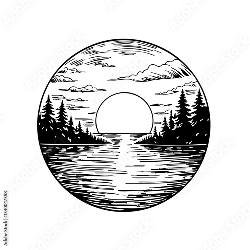 Vintage sketch of a circular sunrise over a river landscape  