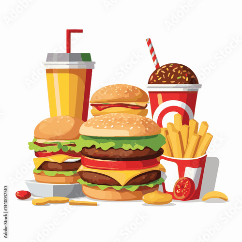 food, meal, restaurant, fast, burger, snack, dinner, hamburger, meat, isolated, lunch, menu, tasty, cheeseburger, fast food, delicious, fastfood, sandwich, set, drink, unhealthy, vector, pizza, eat, b