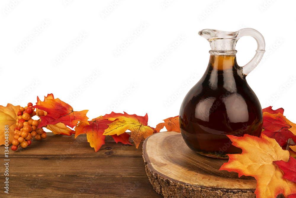 Glass jug of maple syrup placed on a rustic wooden table with vibrant autumn leaves. A cozy and warm seasonal setting, perfect for fall-themed designs, food photography, and thanksgiving visuals.