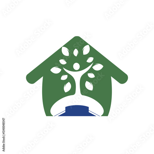 Nature call vector logo design. Handset and human tree with home shape icon design template.