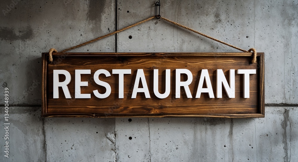 Obraz premium restaurant lettering on wooden sign board hanging on concrete wall background