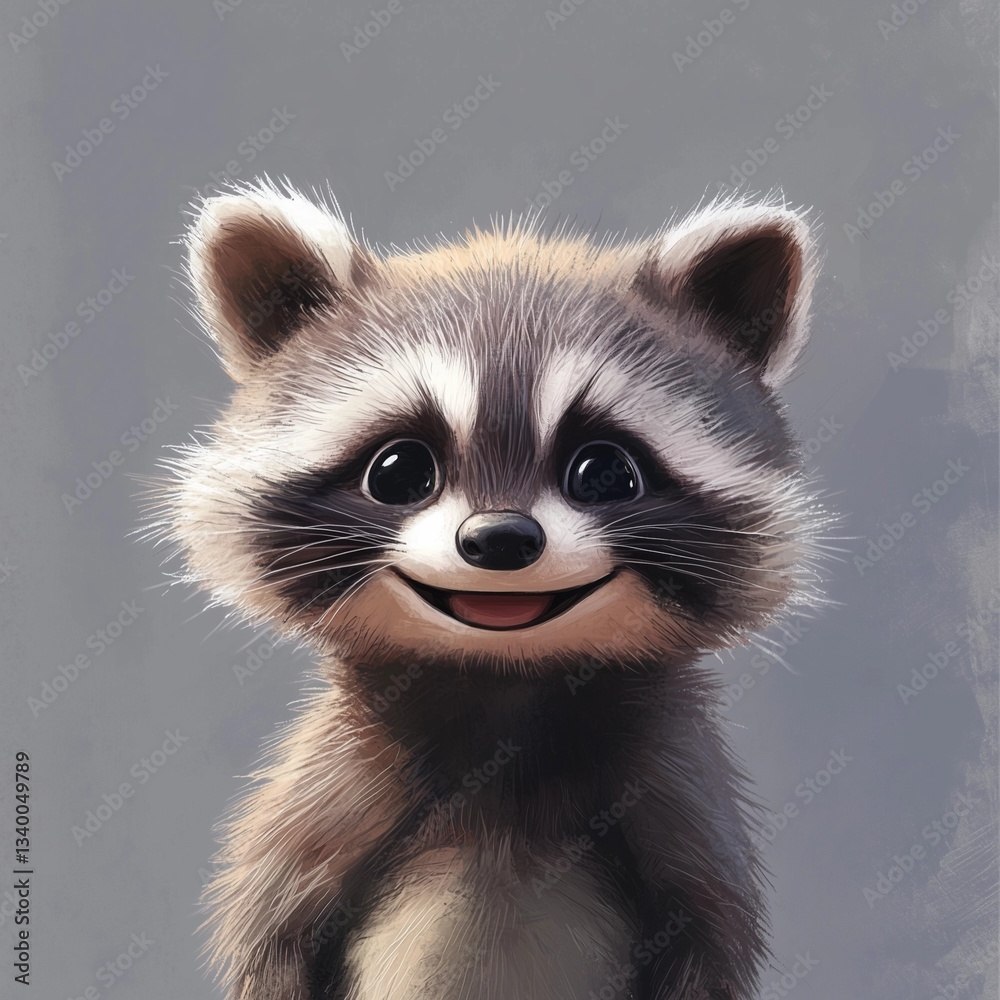 Obraz premium A digital illustration depicting a close-up portrait of a cartoon raccoon. The style is painterly, with soft blending and visible brushstrokes suggesting a digital painting technique. The raccoon is