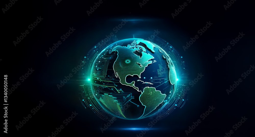 Fototapeta premium A vibrant, glowing digital globe with green continents is displayed against a dark backdrop. Bright blue lights highlight the futuristic and technological aspects.