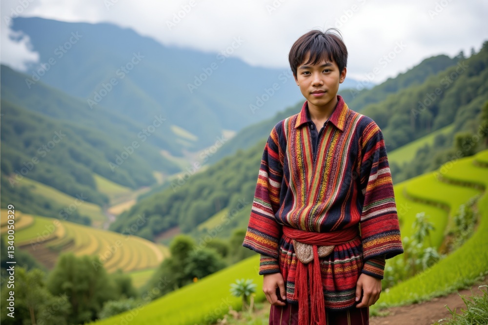Naklejka premium A Young Boy in Traditional Ethnic Attire Standing Amidst Lush Rice Terraces in the Mountains of Southeast Asia