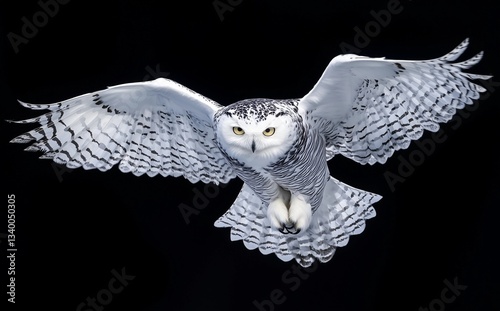 Close-up view of a snowy owl in flight against a pure black background. The owl's plumage exhibits a detailed pattern of white feathers with black barring, particularly noticeable on its wings.  The