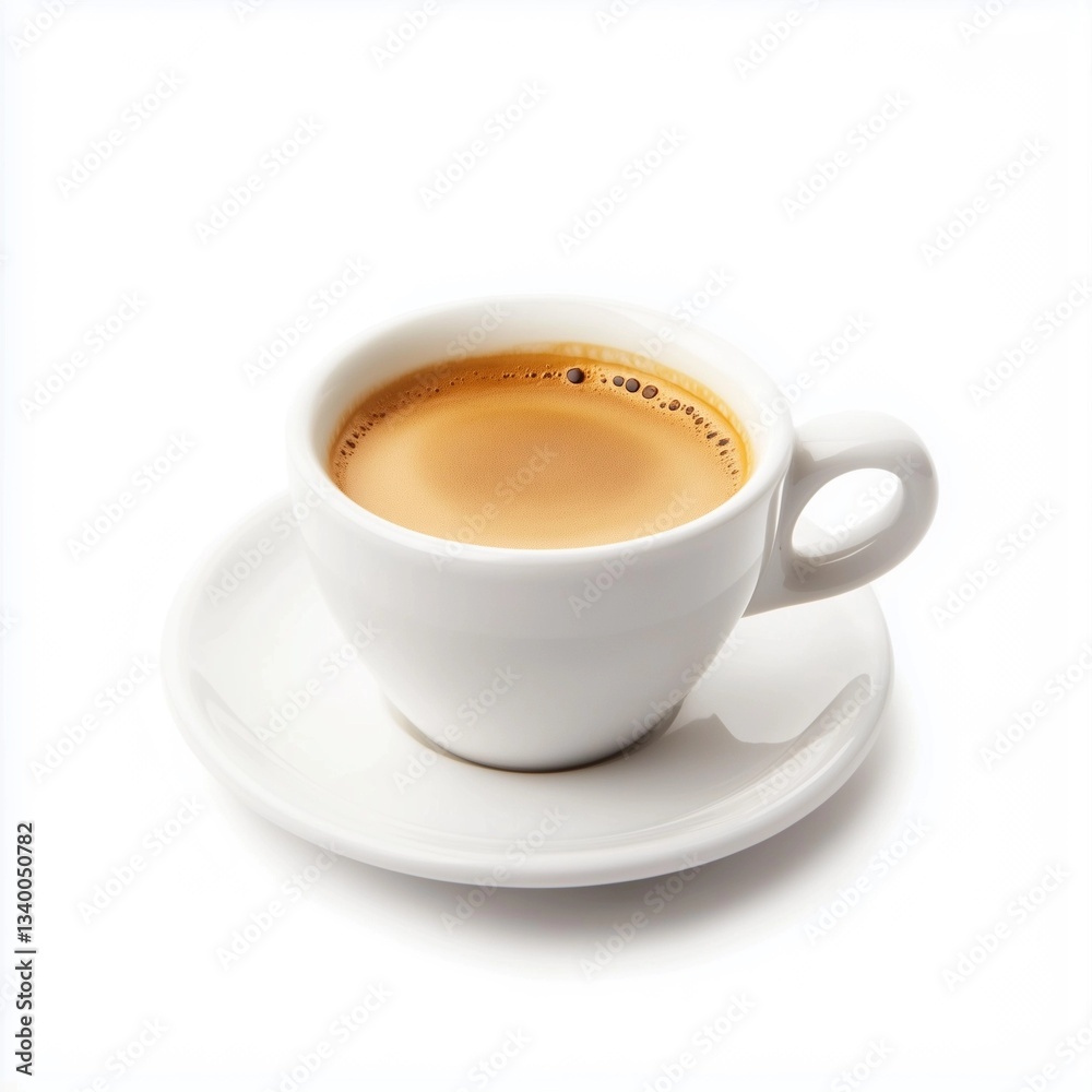High-angle, close-up studio shot of a filled white porcelain cup and saucer on a pure white background. The cup is slightly curved with a small, gently curved handle. The coffee or tea inside High-angle, close-up studio shot of a filled white porcelain cup and saucer on a pure white background. The cup is slightly curved with a small, gently curved handle. The coffee or tea inside