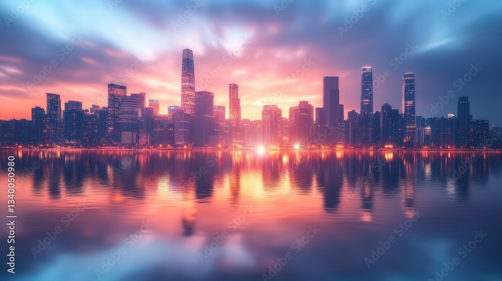 Fototapeta premium Cityscape at Dawn: A Stunning Reflection of Urban Lights