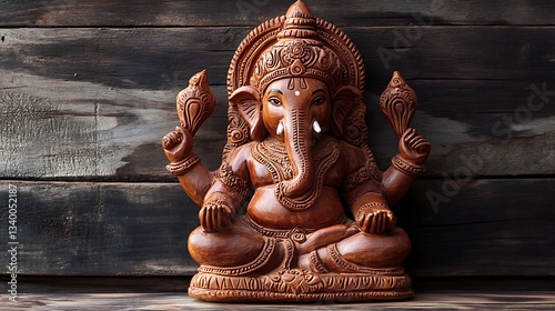 A wooden statue of a seated deity with an elephant head