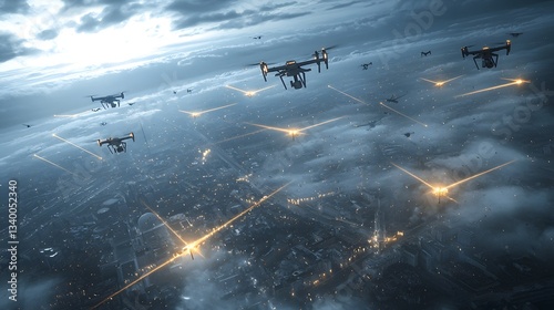 A cityscape at night with a network of anti drone technology devices and systems deployed to detect track and disrupt any unauthorized aerial vehicles or drones entering the restricted airspace